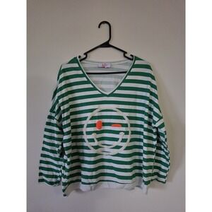 Yolly Italy Women's Green and White Sriped Long Sleeve Whimsical Top Nostalgic